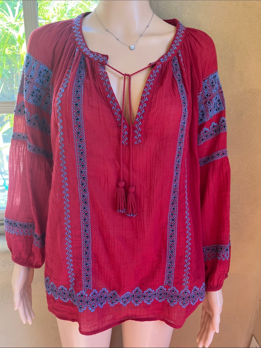 Joie Red Embroidered Boho Peasant Tunic